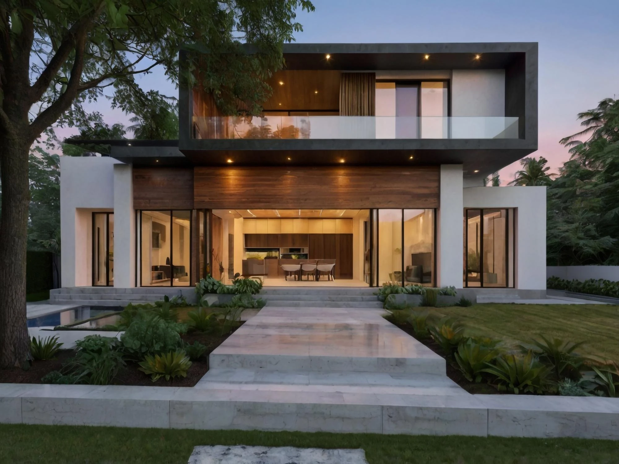 Fachada contemporânea com paisagismo e iluminação acolhedora