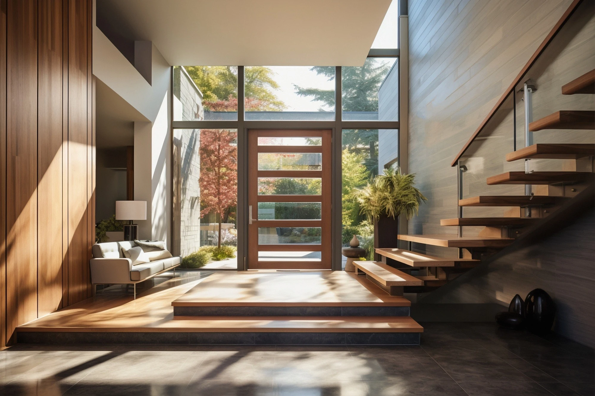 Hall com pé-direito duplo, escada de madeira e luz natural