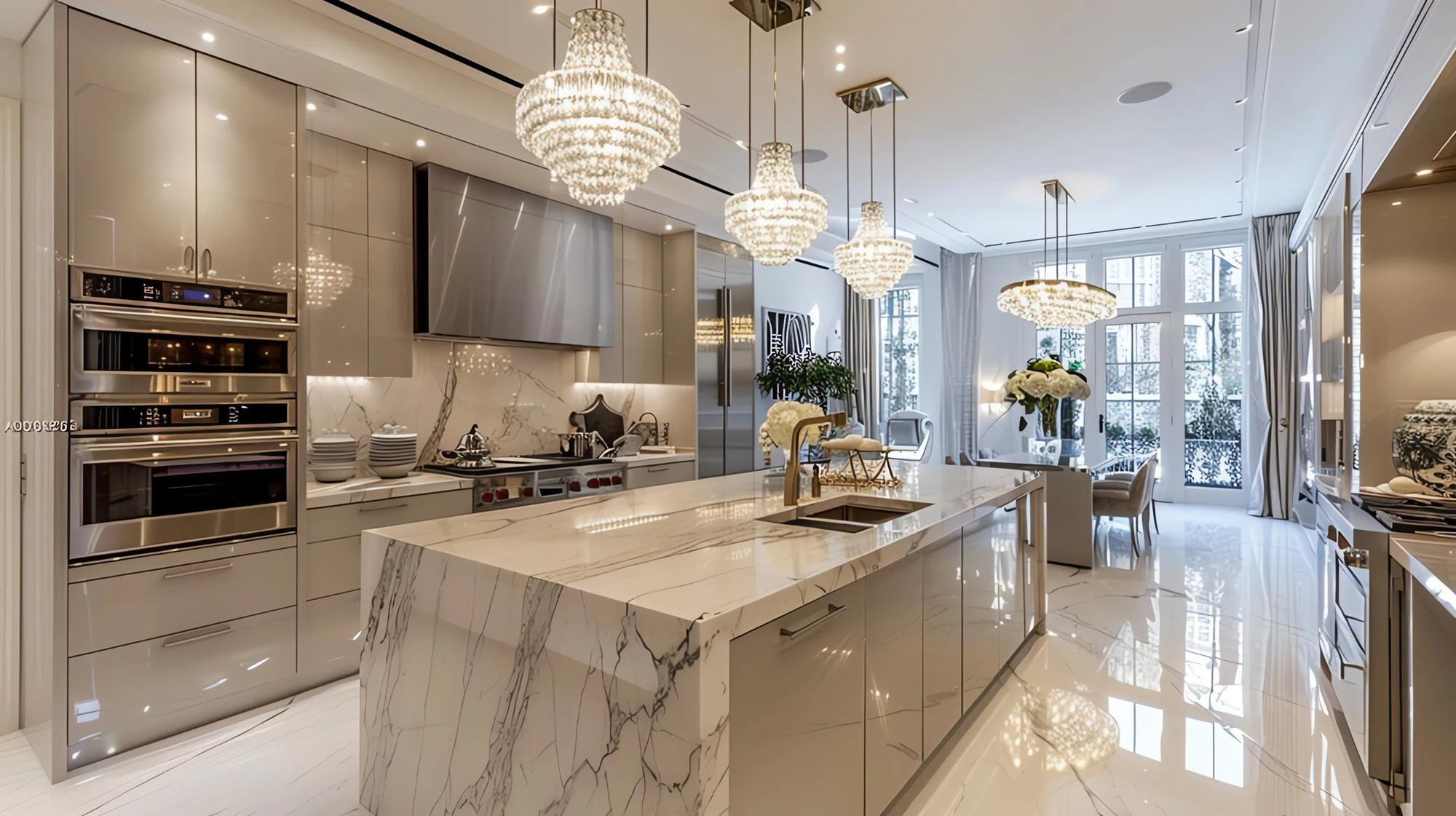 Cozinha com ilha de mármore, luminárias e luz natural