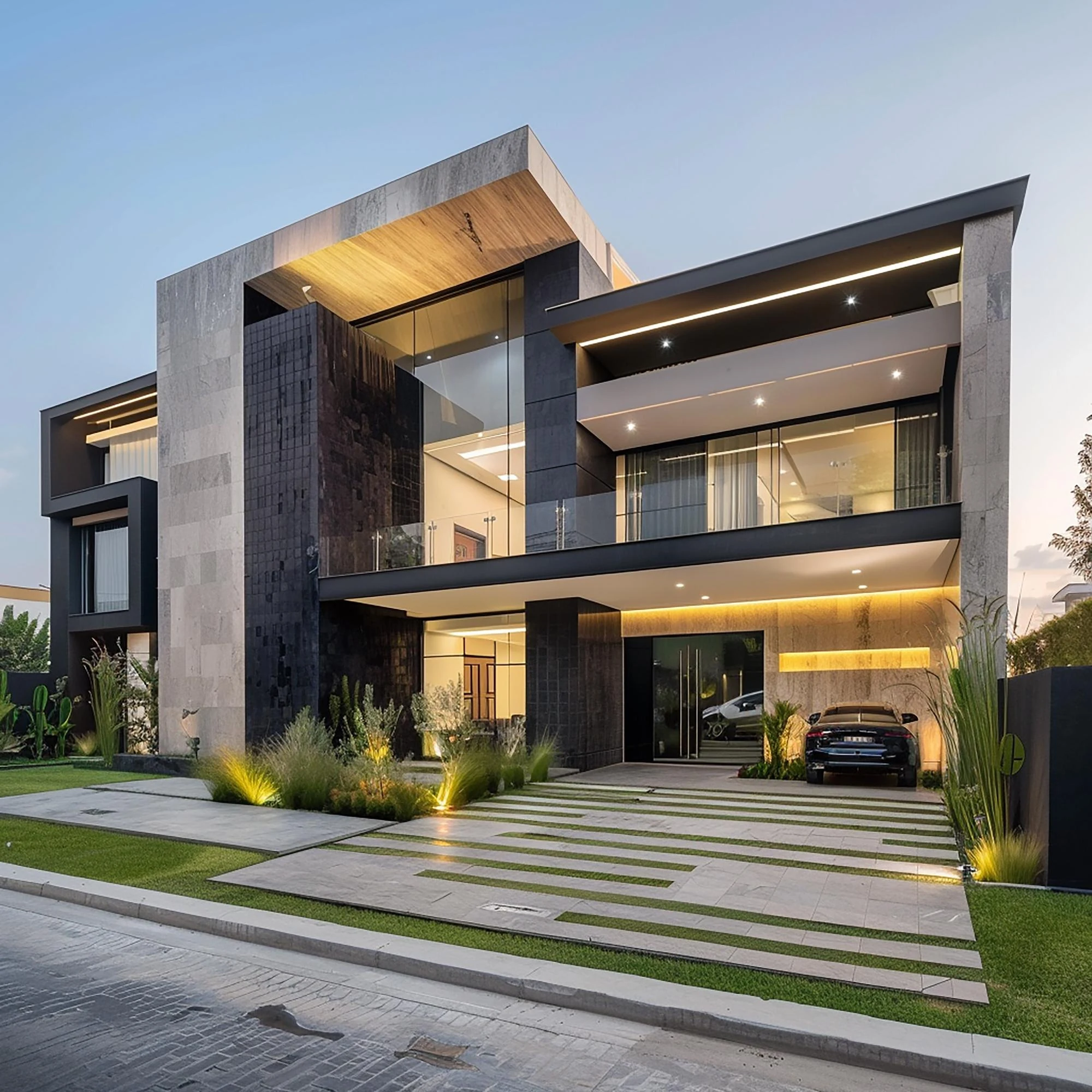 Fachada de residência contemporânea com iluminação acolhedora